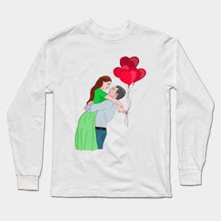 Couple Hugging While Holding Heart Shaped Balloons Long Sleeve T-Shirt